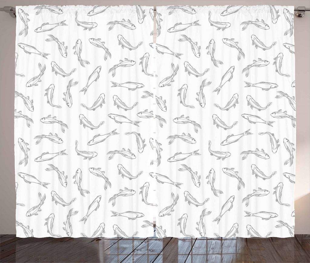 ABAKUHAUS Grau und Weiß Rustikaler Vorhang, Marine Thema Fische, Wohnzimmer Universalband Gardinen mit Schlaufen und Haken, 280 x 245 cm, Grau weiß
