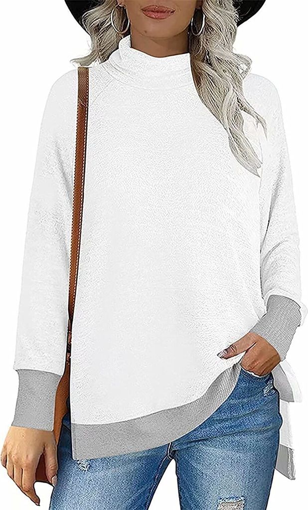 ASKSA Damen Rollkragen Sweatshirts Color Block Seitenschlitz Bluse Lässige Winter Langarmshirt, Weiß, L