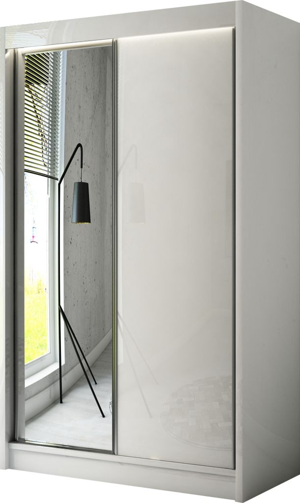 ALTDECOR Kleiderschrank mit Spiegel und Schiebetüren, kugelgelagerte Führungsschienen und Aluminium-Leisten - VESLI - 120 cm Weiß / Lacobel Weiß
