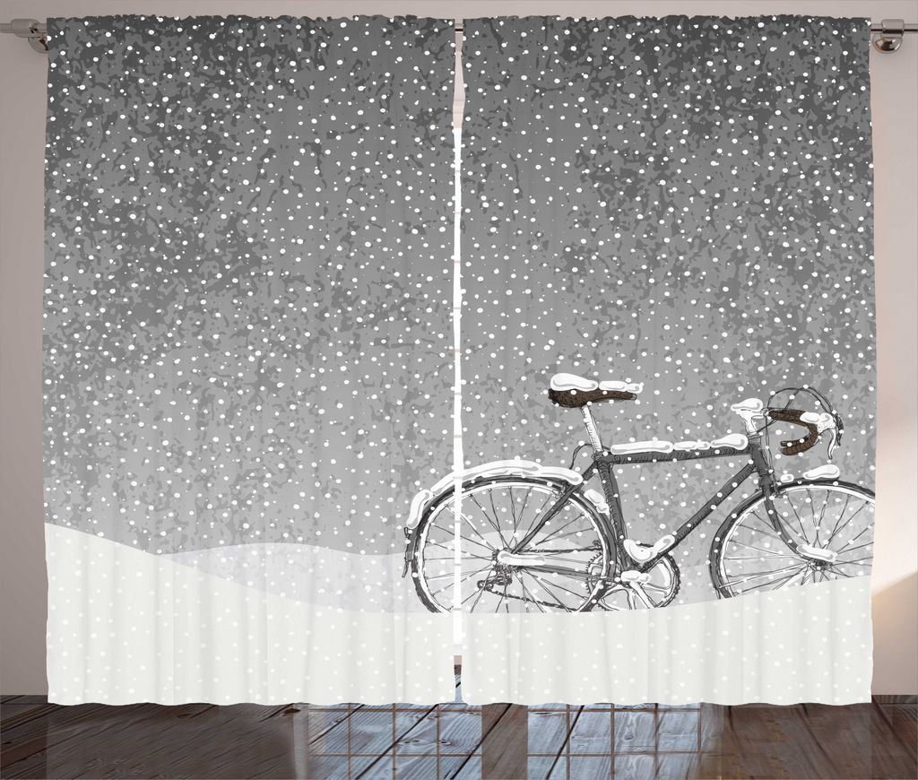 ABAKUHAUS Winter Rustikaler Gardine, Fahrrad Schnee Ruhe Szene, Schlafzimmer Kräuselband Vorhang mit Schlaufen und Haken, 280 x 245 cm, Taupe Weiß