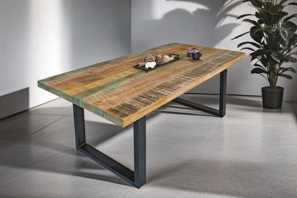 Esstisch 180 x 90 cm Libro, Mangoholz massiv, lackiert & bunt, Esszimmertisch mit U-Metallgestell in Schwarz, gerade Kante, Shabby Chic