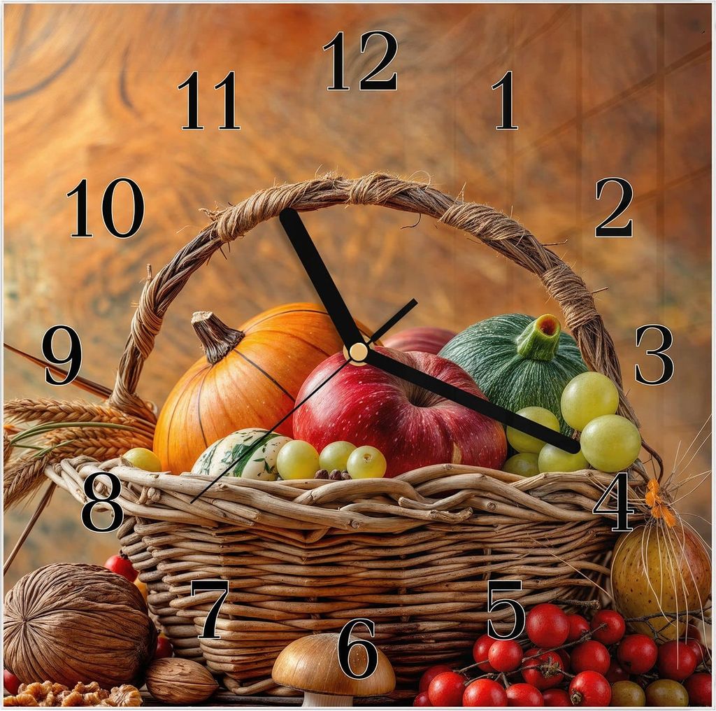 Wanduhr aus Glas mit Motiv Herbstlicher Korb- 30 x 30 cm - inkl. Aufhängesystem