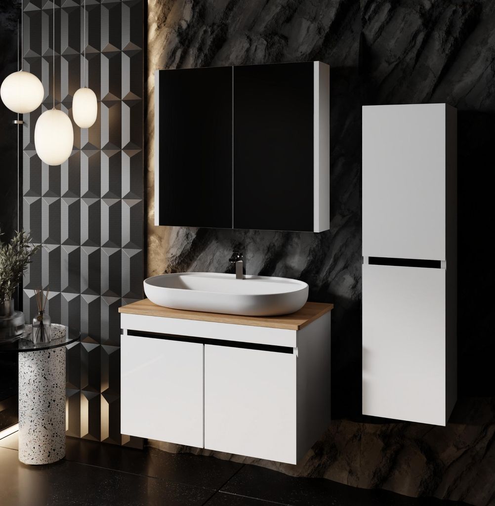 Badmöbel Set Weiß Venus | Waschtisch mit Unterschrank | Spiegelschrank | Keramik 80 mit Konsole Eiche