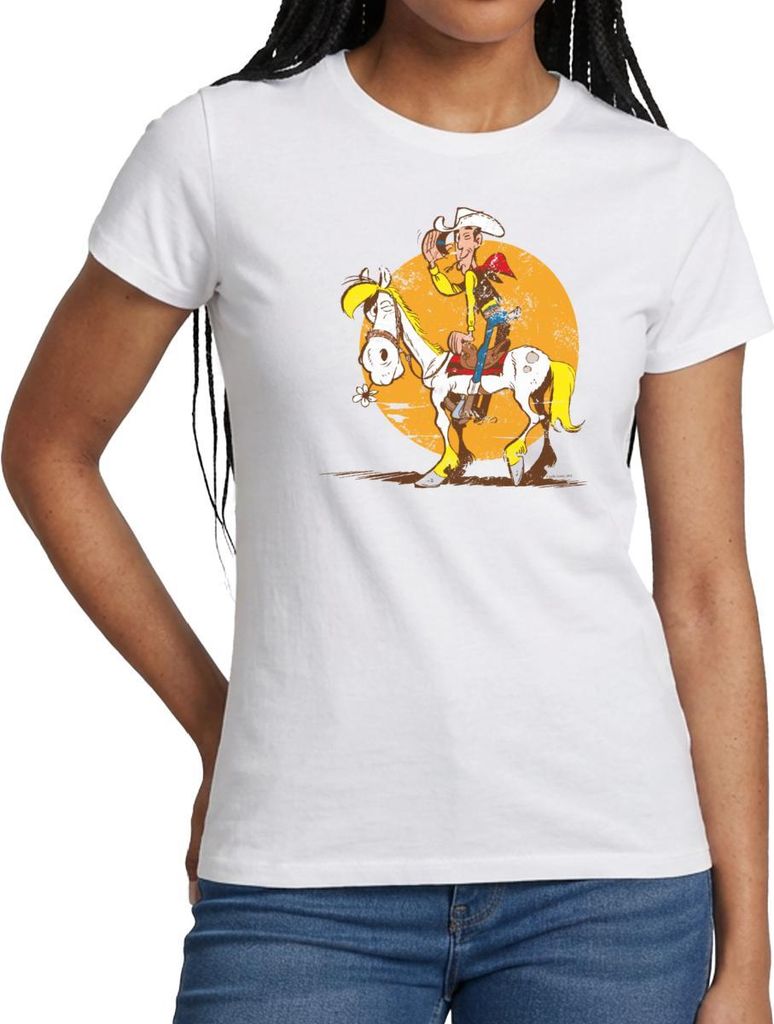 Spreadshirt Lucky Luke Jolly Jumper im Sonnenuntergang Frauen T-Shirt, M, Weiß