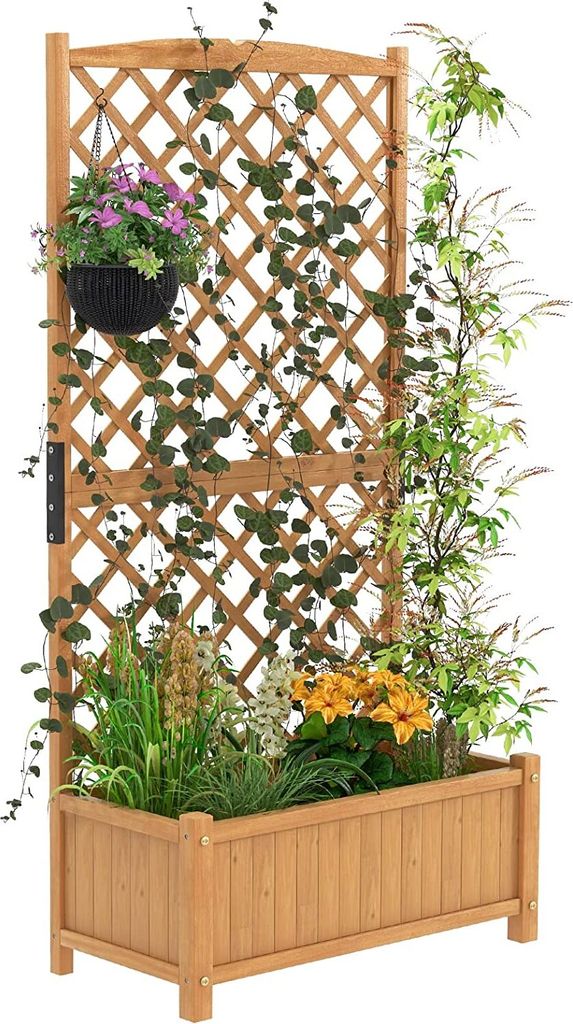 GOPLUS Blumenkasten mit Rankgitter, Hochbeet mit Spalier, Gartenspalier mit Drainagelöchern für Kletterpflanzen Blumen
