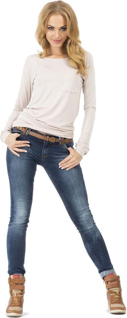 Damen Longshirt langarm T-Shirt mit Brusttasche ; Beige/S/M 36/38