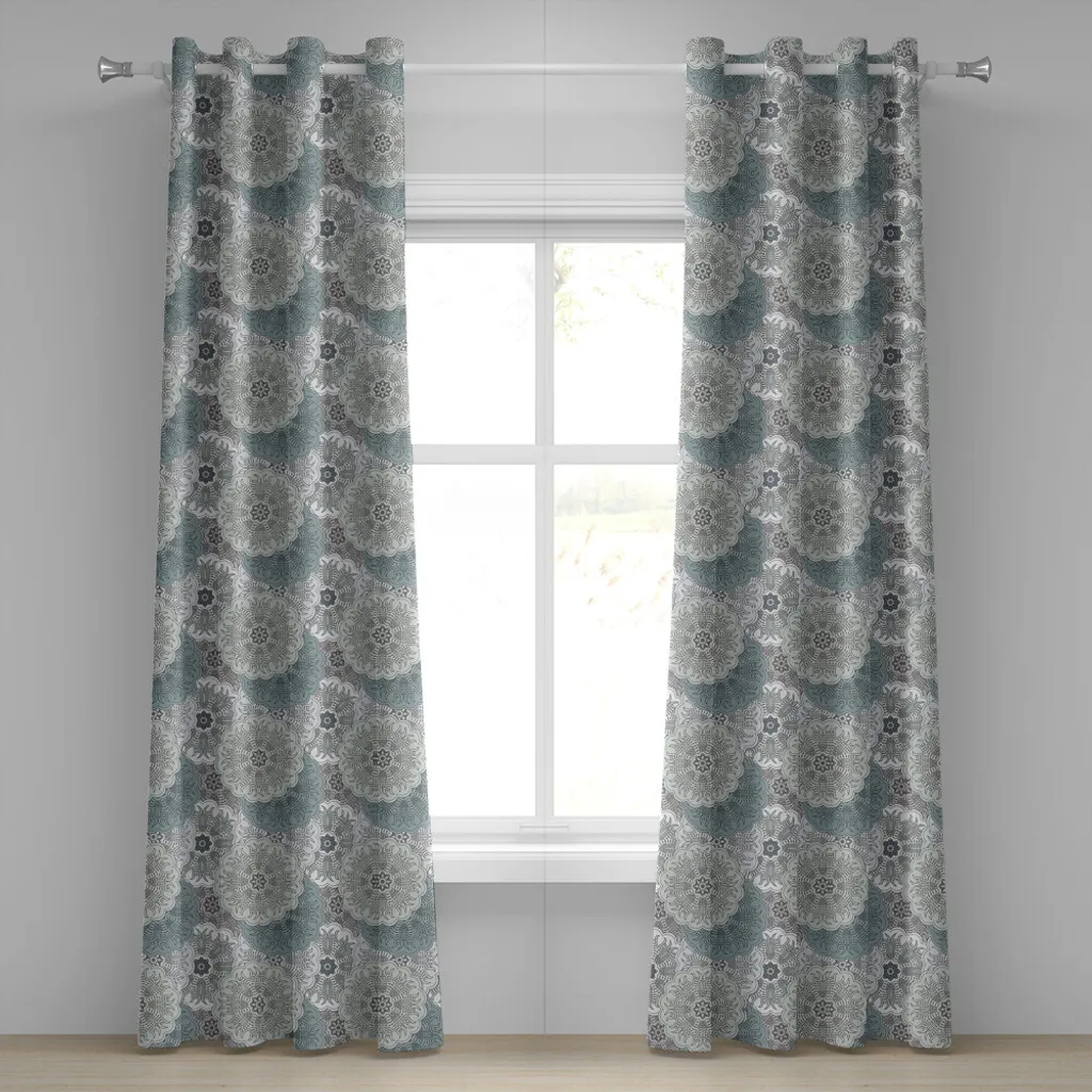 Rideau mandala bleu motif arabesque tribal gris format XXL 280x225 cm