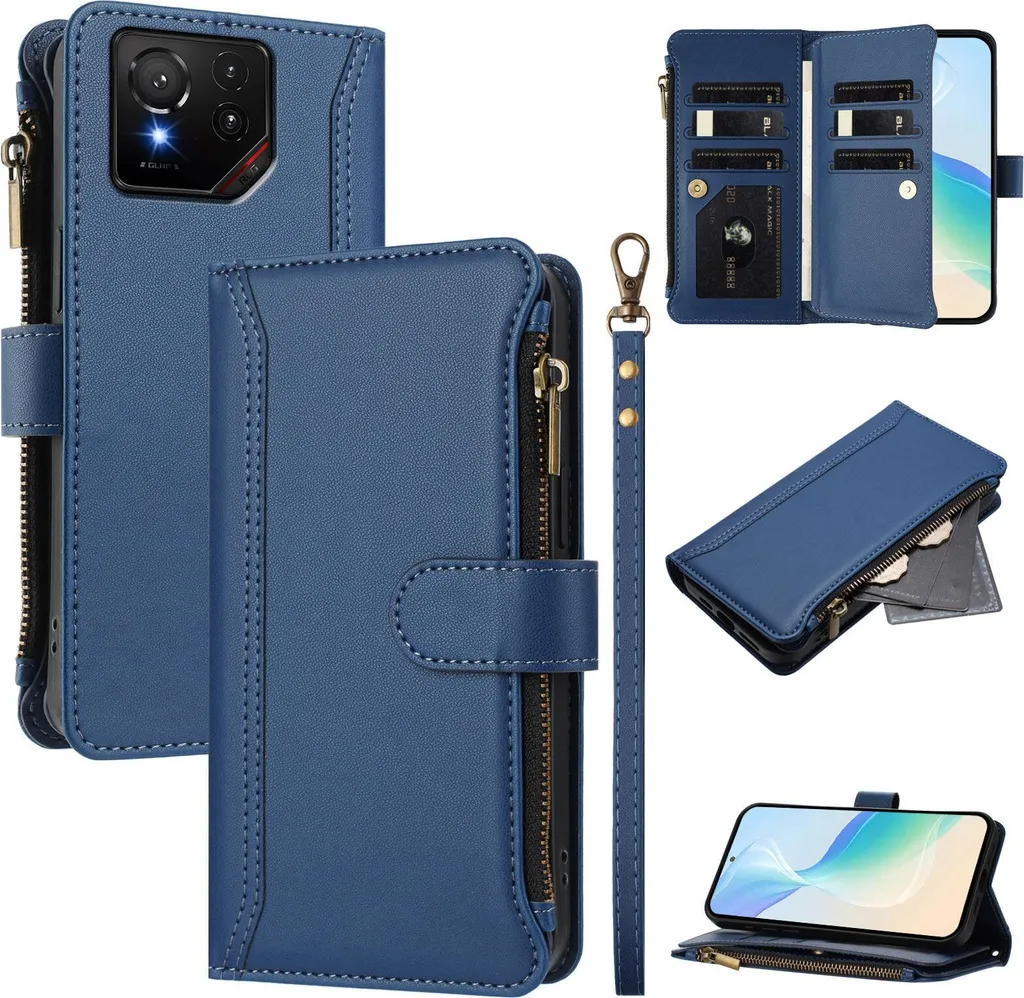 Cover Portafoglio Asus ROG Phone 9 Blu: Protezione e Zip per Carte - 1