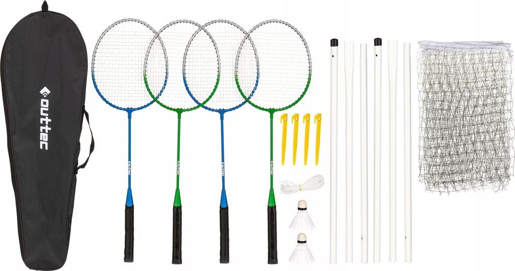 Outtec Badminton Set - 4x Schläger, 2x Federball, 1x Netz mit Pfosten, 1x Abdeckung - Spiel für Kinder & Erwachsene - für Outdoor, Garten, Strand