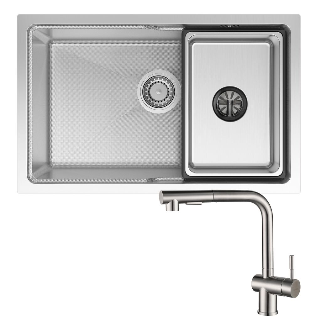 Edelstahl Küchenspüle mit Ausziehbar Armatur 68x43cm Einbauspüle Spülbecken inkl. Ersatz-Innenspüle, Siphon, Über- und Ablauf-Set