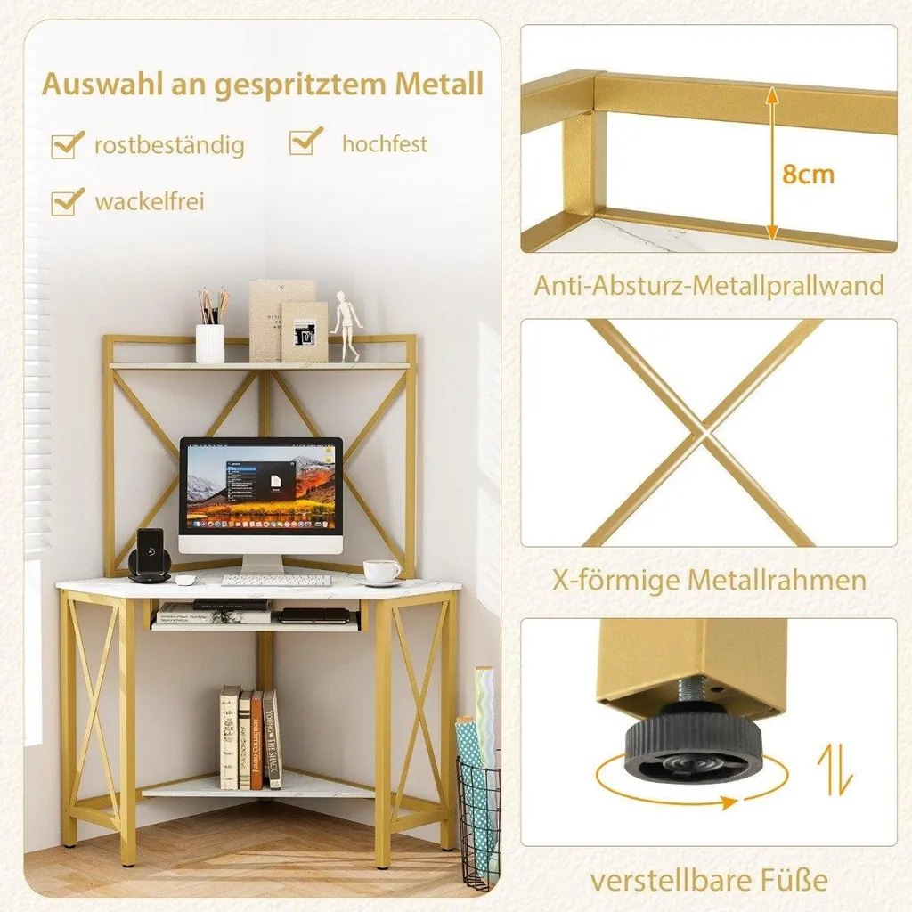 Bureau d'angle avec station de charge et support clavier blanc et or - 4