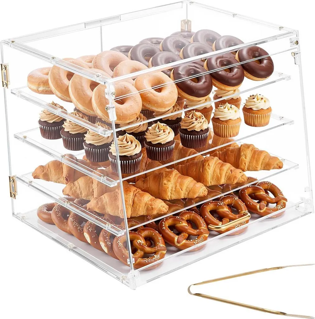 Vetrina per pasticceria/panetteria - Vetrina da banco a 4 ripiani - Acrilico trasparente - Porta posteriore magnetica - Divisorio rimovibile - Per uso commerciale - 53 x 43,5 x 41,5 cm - Per biscotti e ciambelle
