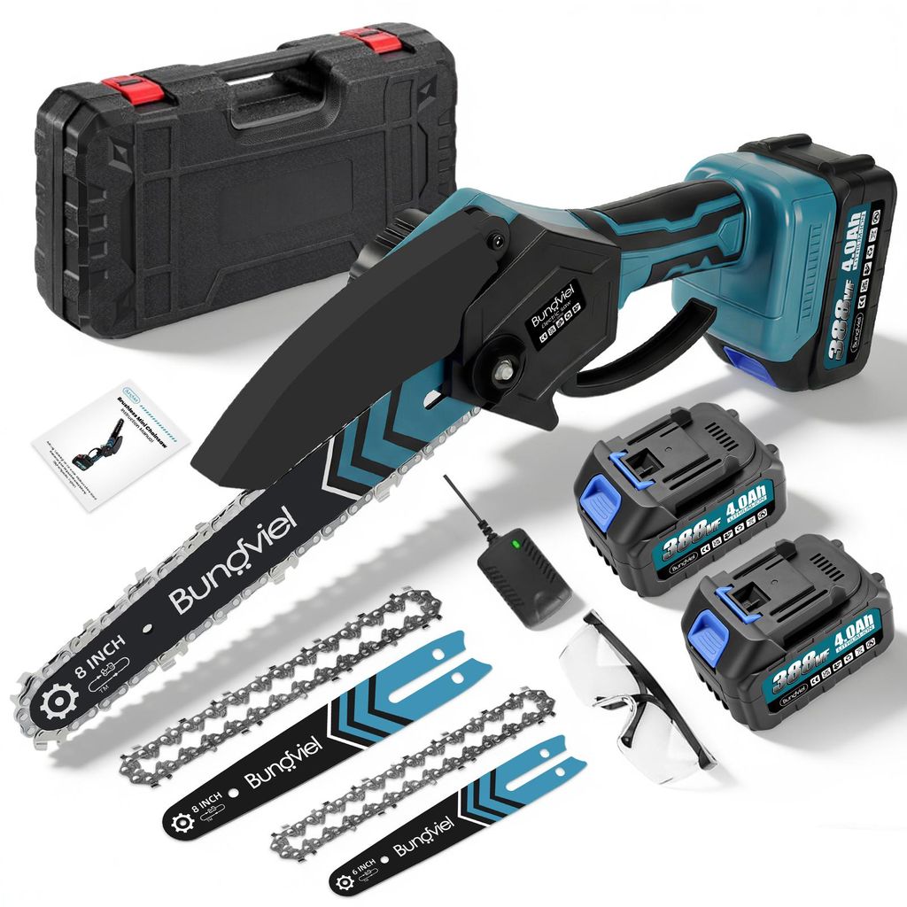 Akku Kettensäge 8+6 Zoll mit Kettenschmiersystem 2x Akku 21V 4000mAh Bürstenlosen Motor, Mini Elektrische Gartensäge, Einhand Motorsäge, Astsäge