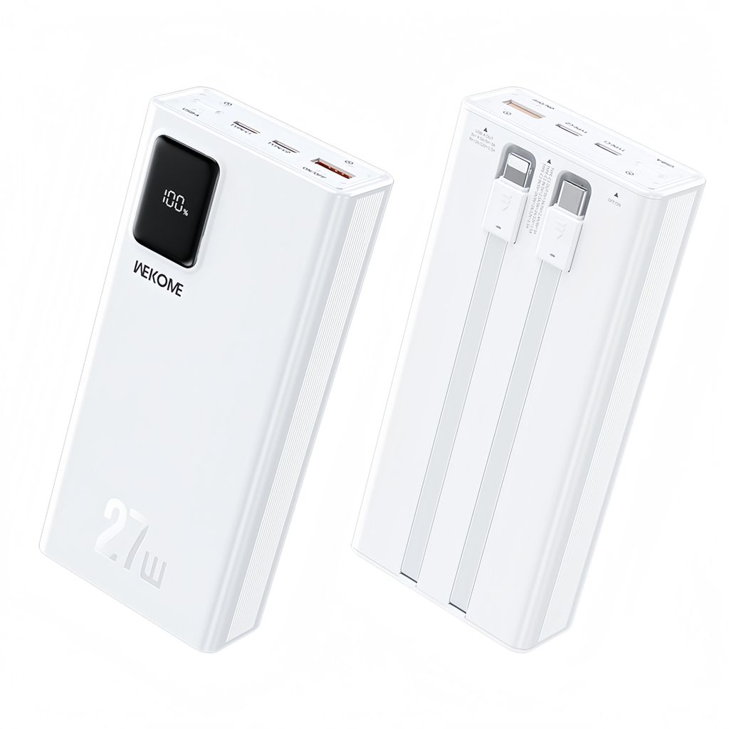 Two white power banks are shown against a white background. One power bank is angled to show its front with a digital display and brand name. The other power bank is angled to show its back with integrated cables.
