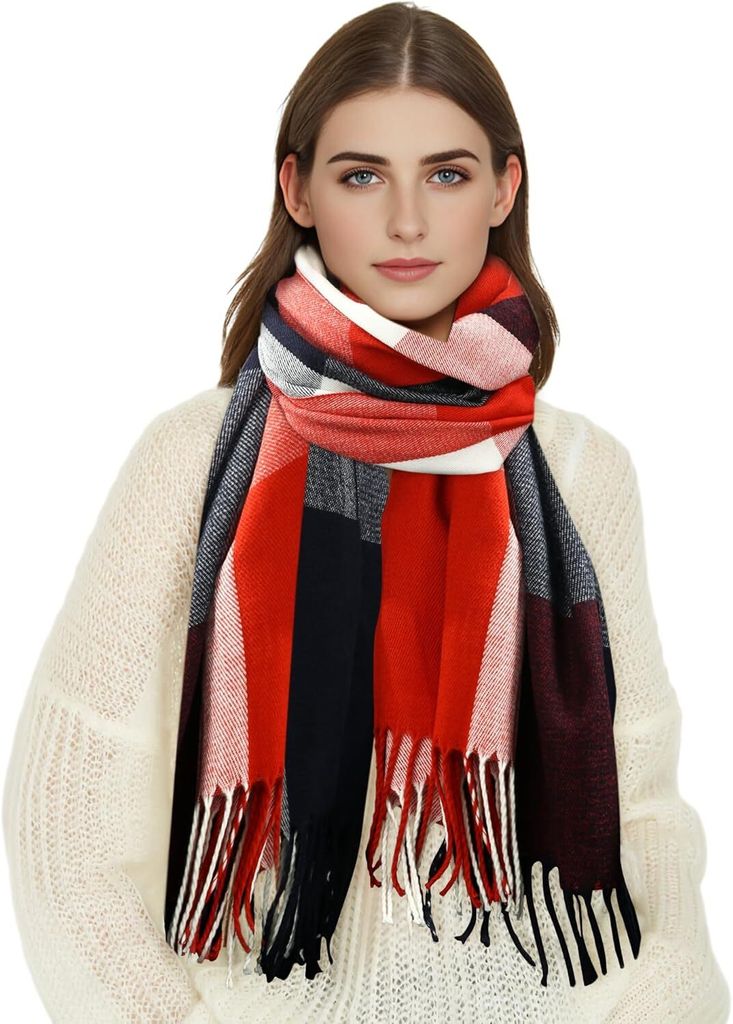 Karierter Damen Schal mit Fransen Rot-Blau, im Oversize Look, Halstuch Deckenschal, A0320