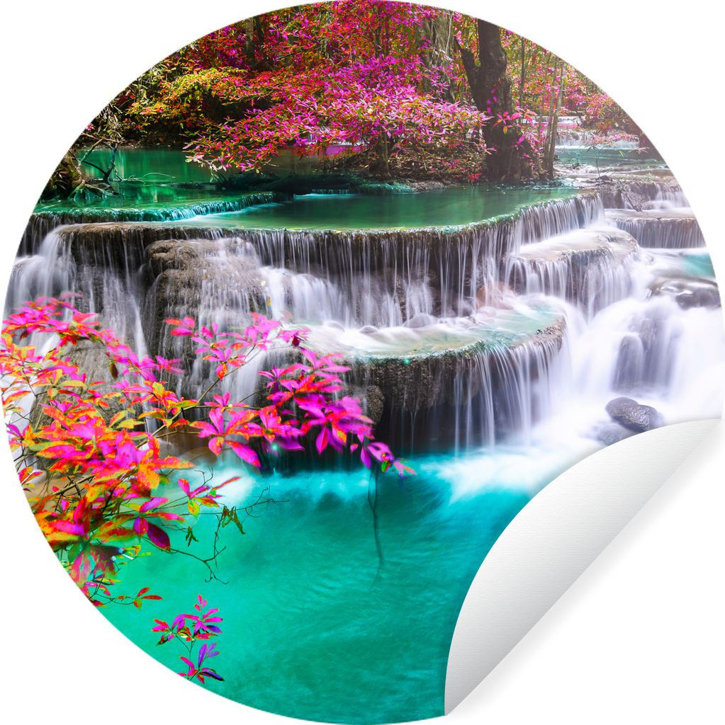 MuchoWow Runde Wandtattoo - Wandsticker Tapete Aufkleber Wasserfall - Sonne - Bäume - Regenbogen - Natur Ø 50 cm Selbstklebend und Repositionie...