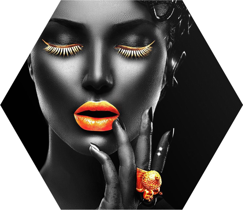 DEQORI Fototapete Sechseck 90x78 cm 'Frau mit Gold Make-Up' Wand Tapete Leinwand Sticker