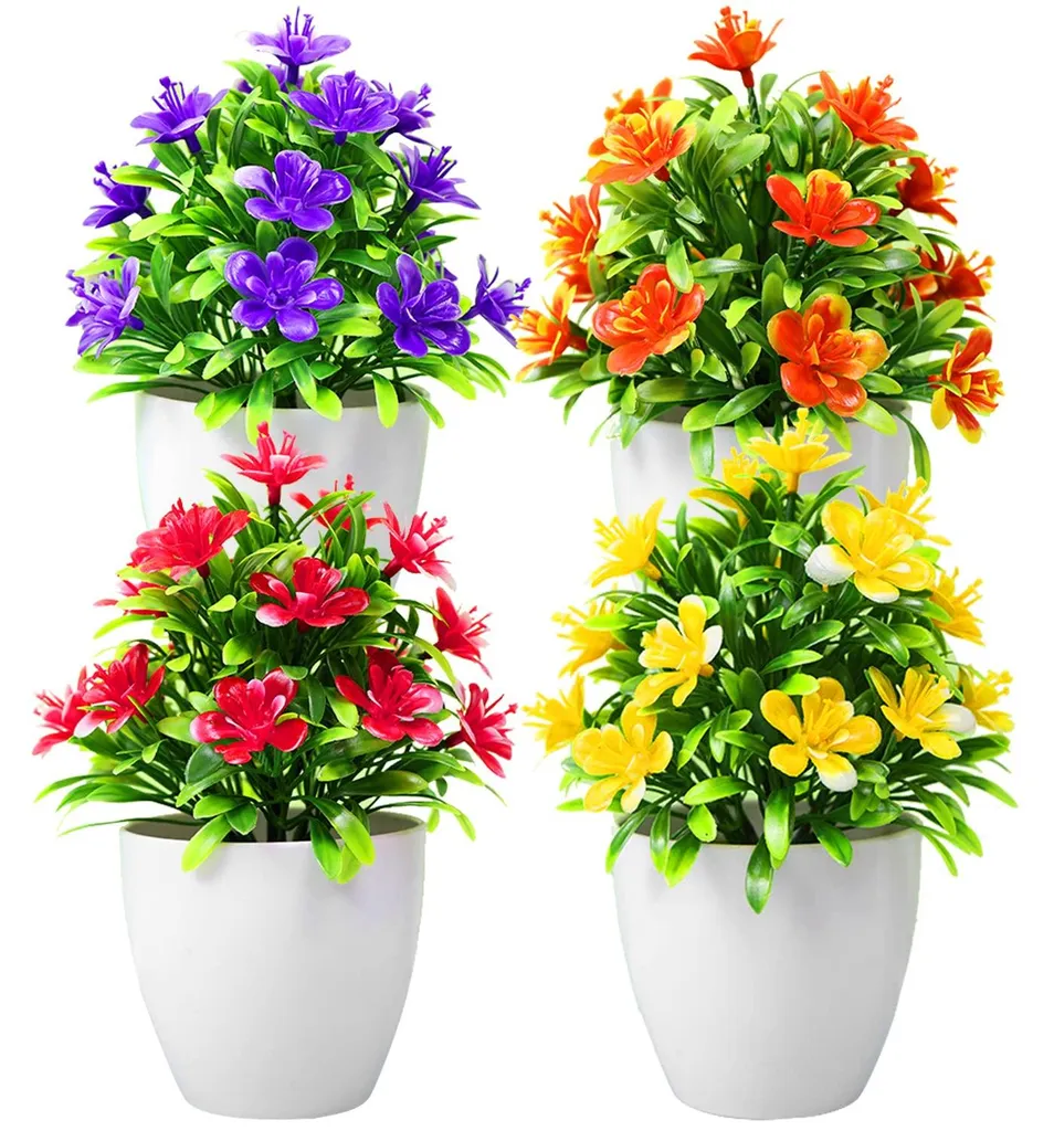 Lot de 4 fleurs artificielles en pot décoratives style naturel réaliste