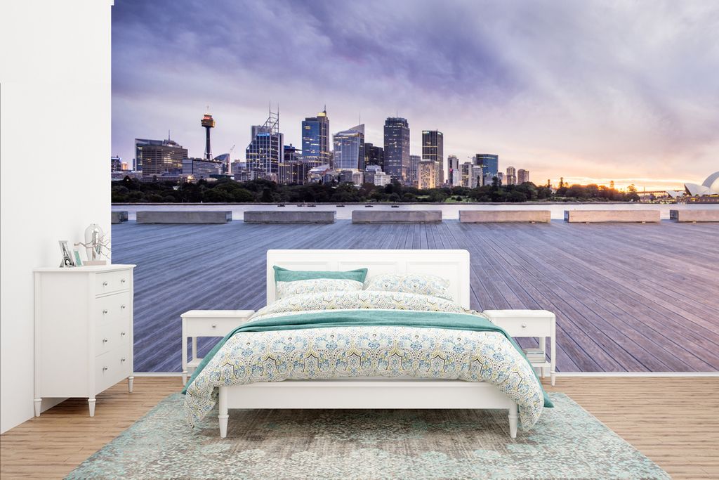 MuchoWow Fototapete für Wohnzimmer oder Schlafzimmer Wandtapete Vinyl Motivtapete Die Skyline von Sydney in schönen Lila-Tönen - 435x260 cm - ...