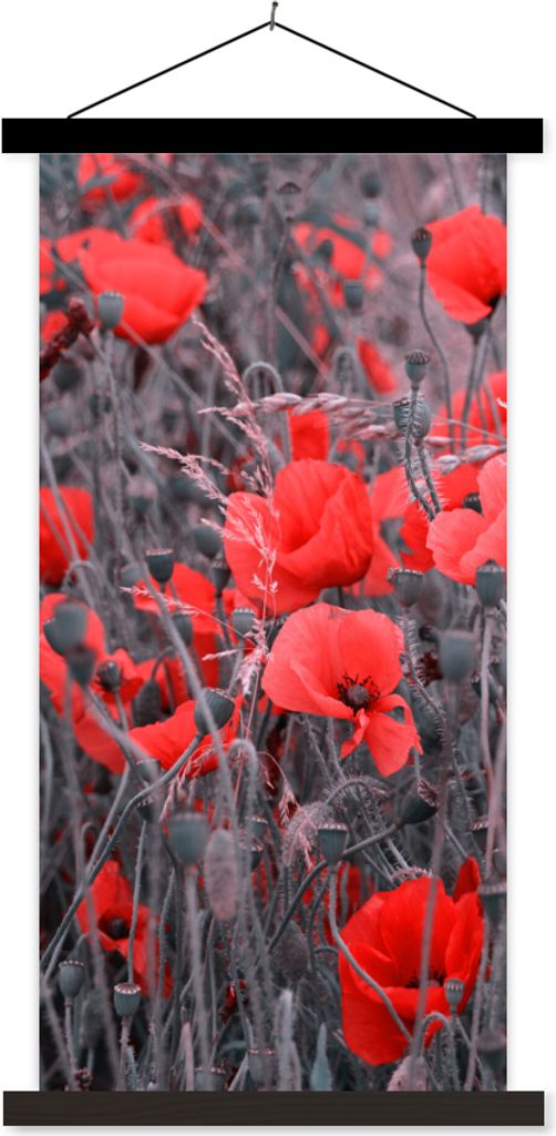 MuchoWow Textilposter Rote Mohnblumen in einem Schwarz-Weiß-Bild 40x80 cm mit schwarzem Rahmen - Wandemalerei