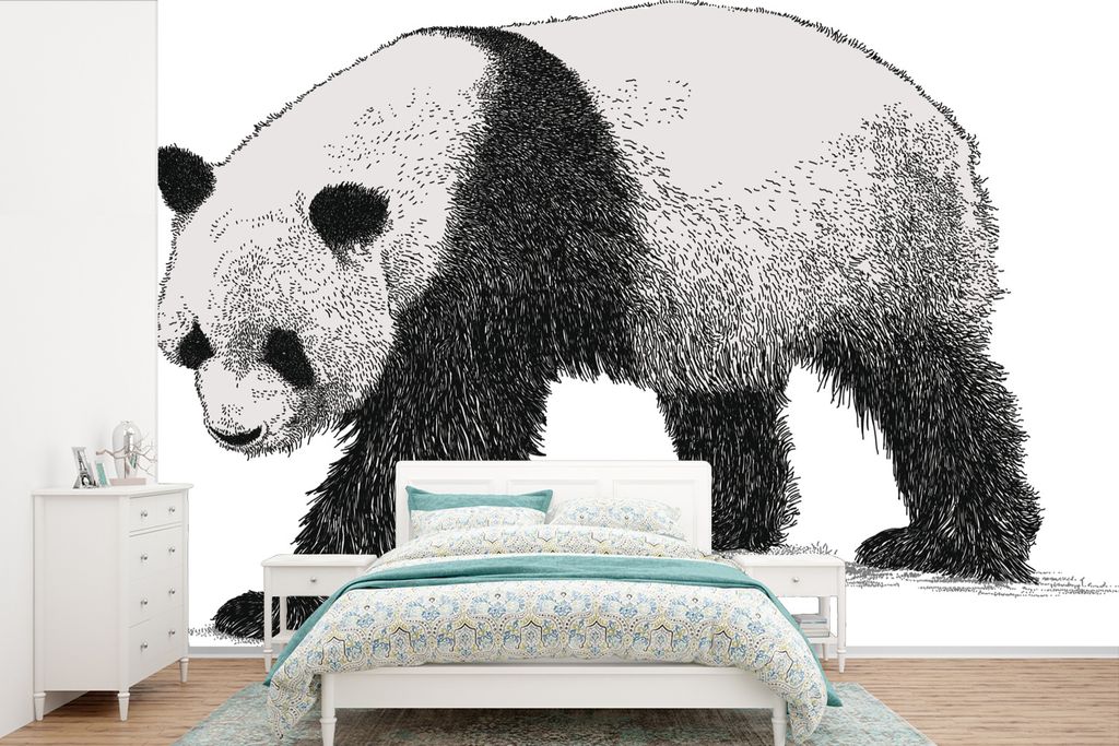 MuchoWow Fototapete für Wohnzimmer oder Schlafzimmer Wandtapete Vinyl Motivtapete Realismus - Panda - Schwarz - Weiß - 525x350 cm - Das Hinterg...