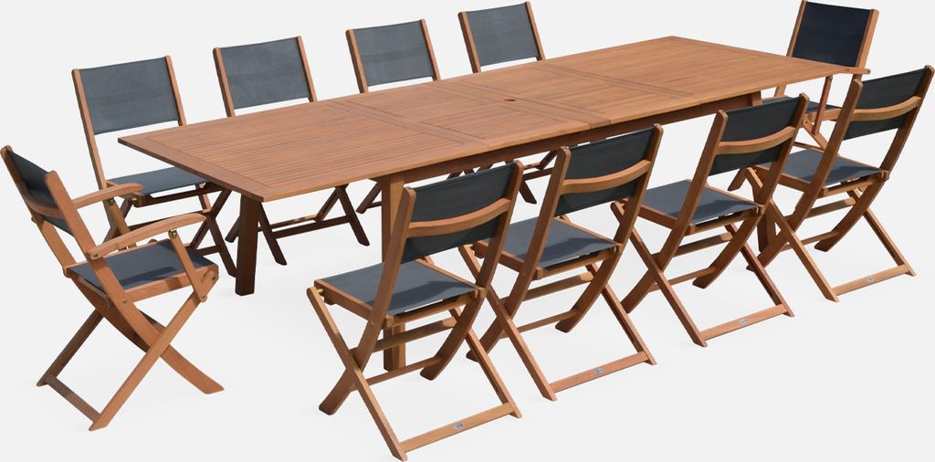 sweeek - Ausziehbarer Gartentisch aus Holz, 10 Stühle - Holzfarben