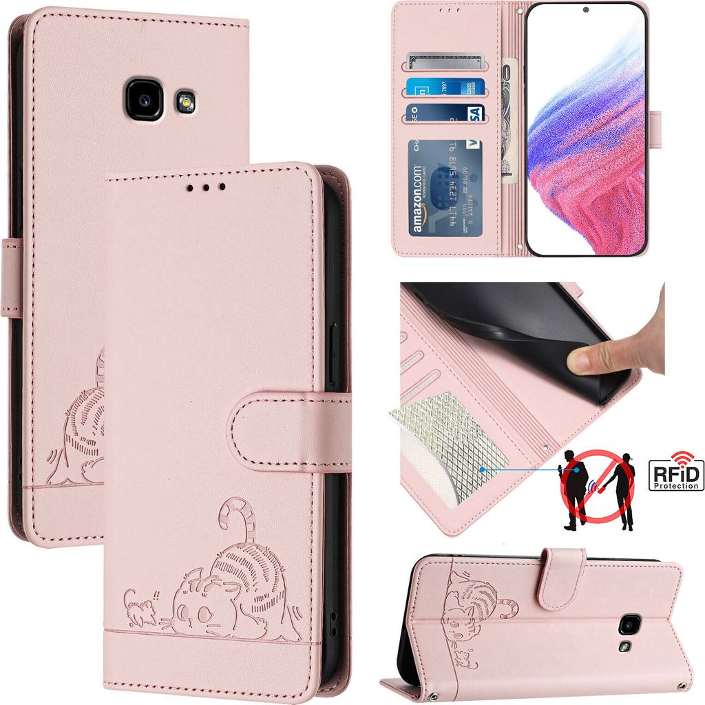 Leder Hülle für Samsung Galaxy A5 2017 Süße Katze Flip Case Brieftasche Schutzhülle mit Standfunktion Pink
