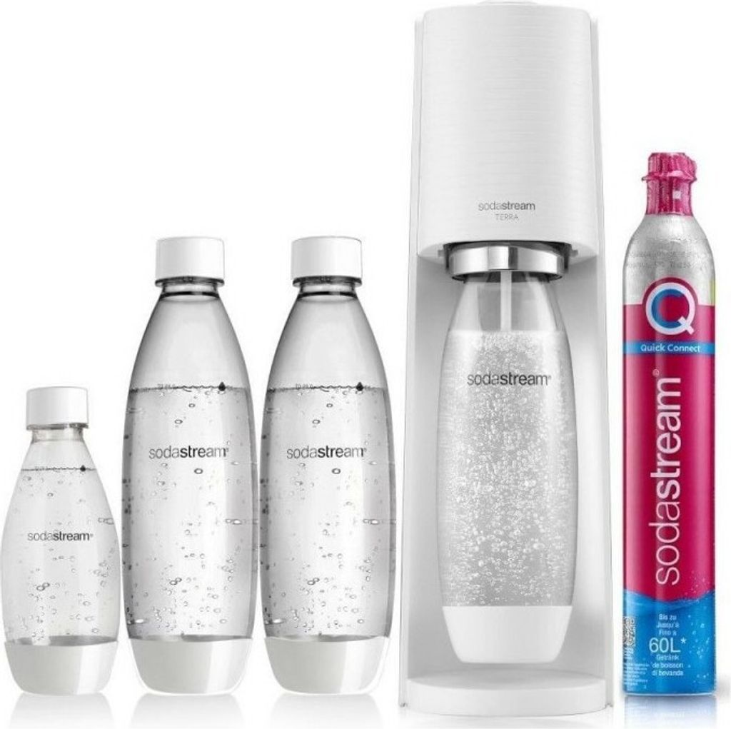 A white SodaStream Terra Valuepack with multiple bottles and a CO2 cylinder.