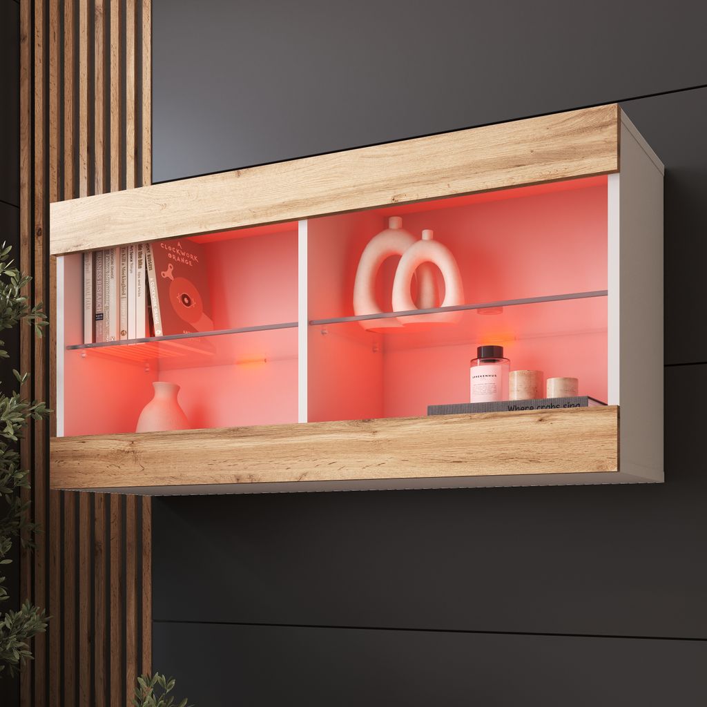 Komodee, Hängende Vitrine Schrank Tivoli, Wotan/Weiß, Breite 100cm x Höhe 50cm x Tiefe 29cm, LED RGB, 2 Regalböden, für Wohnzimmer, Schlafzimm...