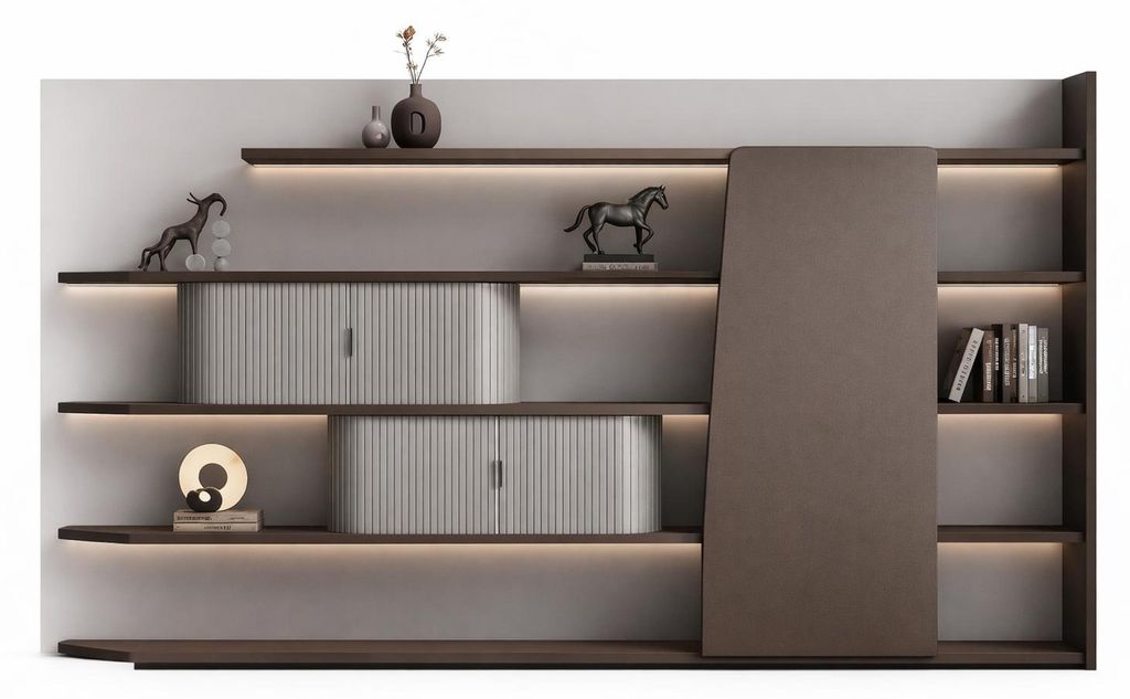 Moderner Büroschrank mit LED-Beleuchtung und eleganten Holzregalen