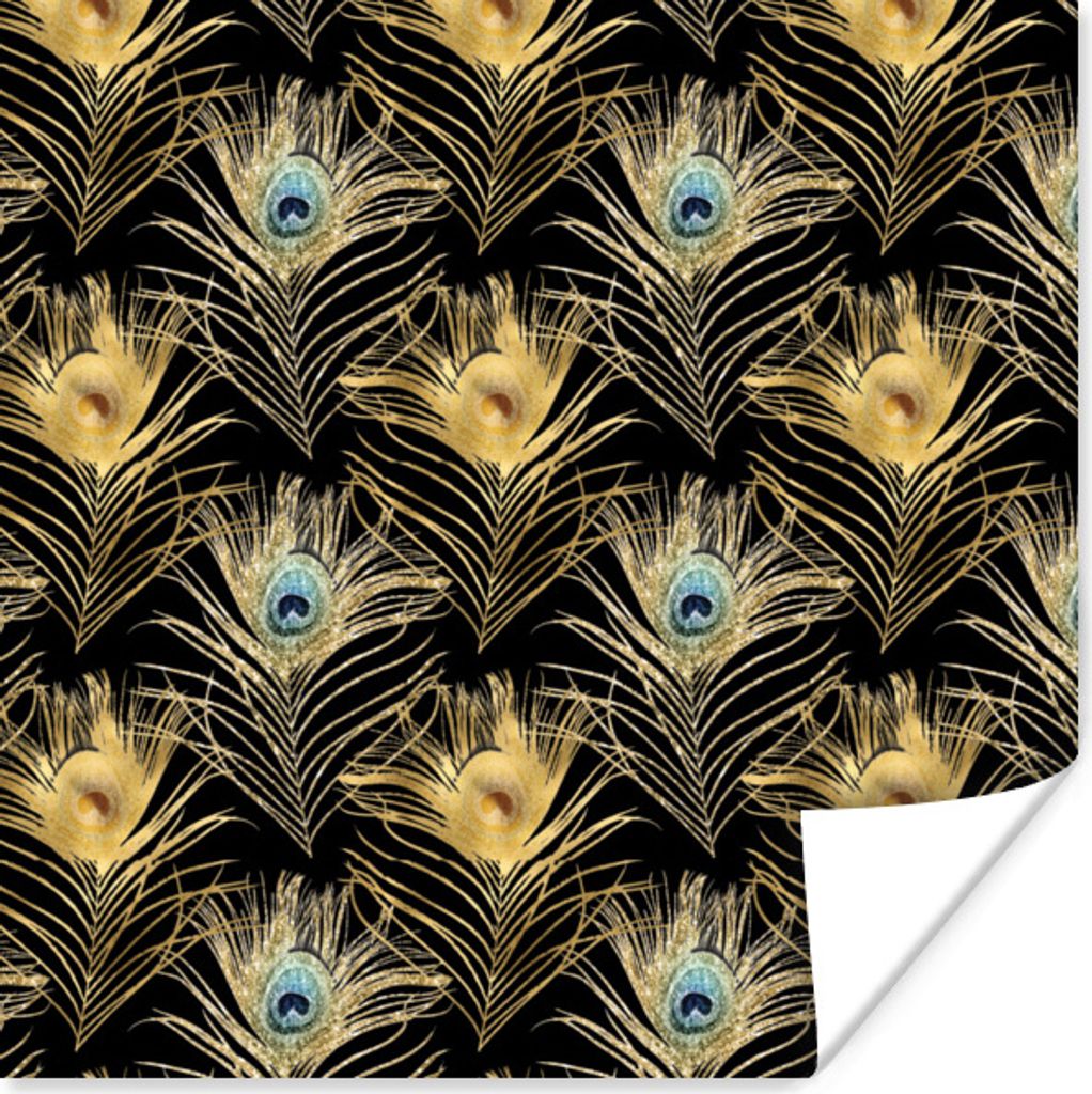 MuchoWow Poster Muster - Pfauenfedern - Gold 30x30 cm - Wandposter - Printing