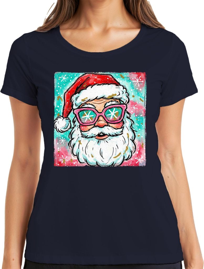 Weihnachtsmann Sonnenbrille Rosa Schneeflocken lustig Retro Damen T-Shirt, Navy, XXL