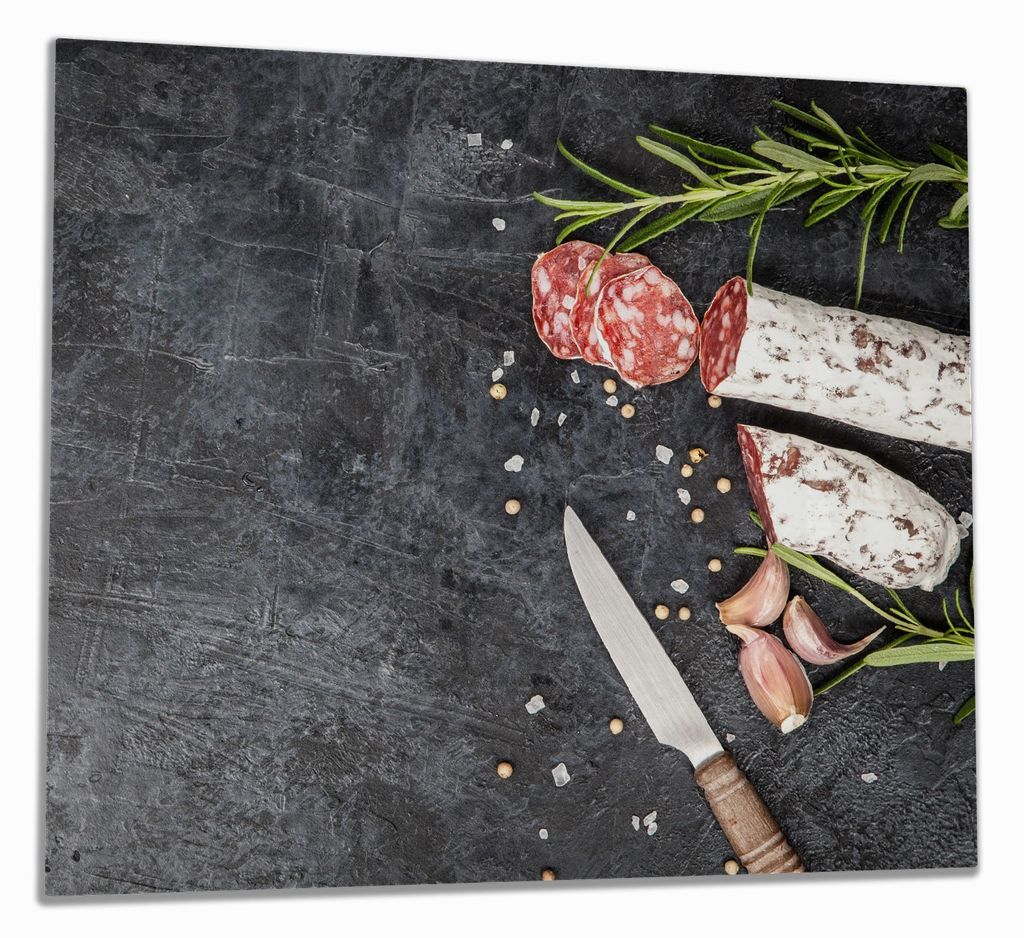 Wallario Herdabdeckplatte aus Glas, Größe 60 x 52 cm 1-teilig, Motiv Salami, Rosmarin und Knoblauch