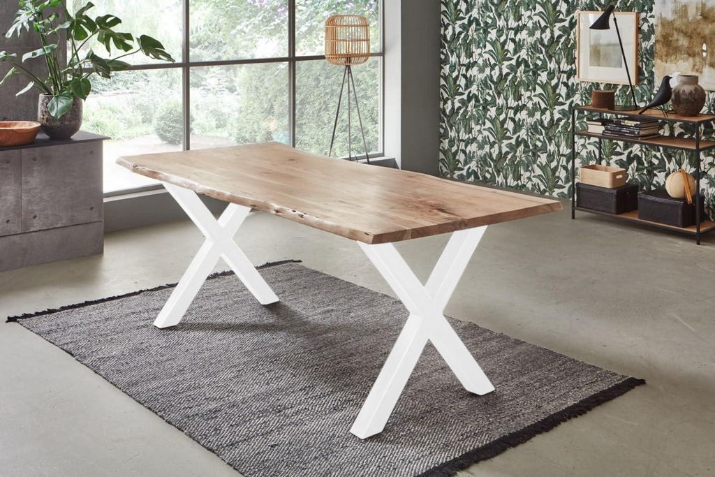 Esstisch 200x100 cm Bologna, Akazienholz massiv + naturfarben + lackiert, echte Baumkante, Baumkantentisch mit X-Gestell aus Metall Weiß, Esszimme...