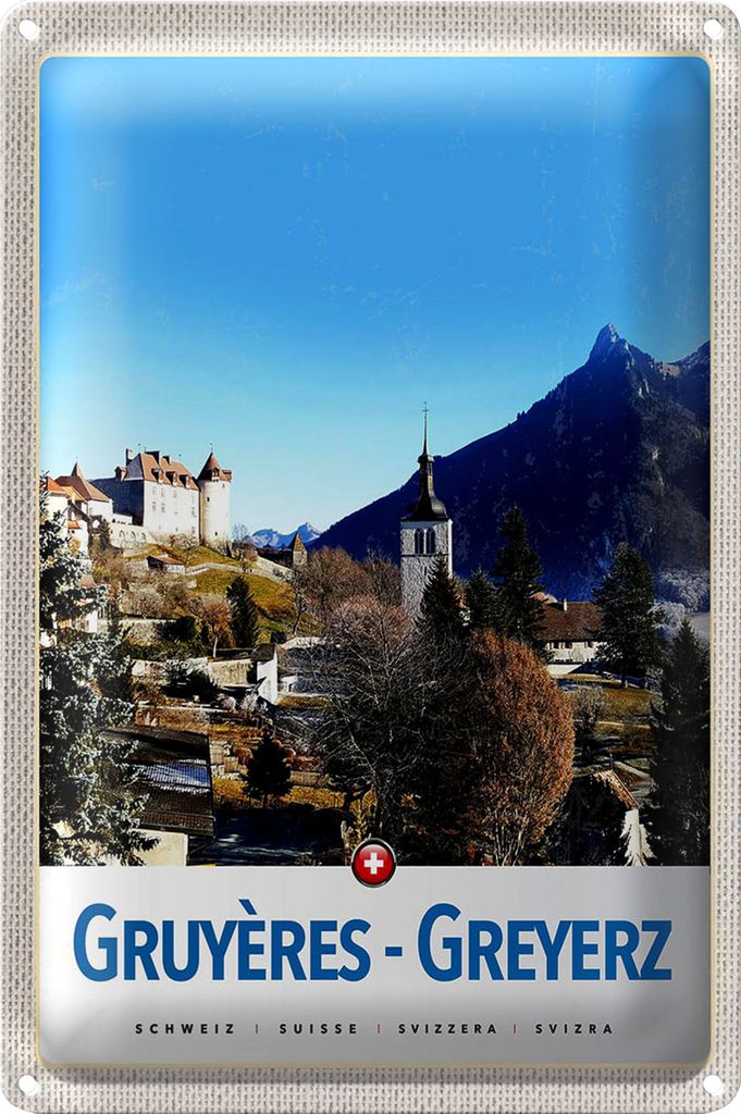 Blechschild Reise 18x12cm Gruyeres Greyerz Schweiz Winterzeit
