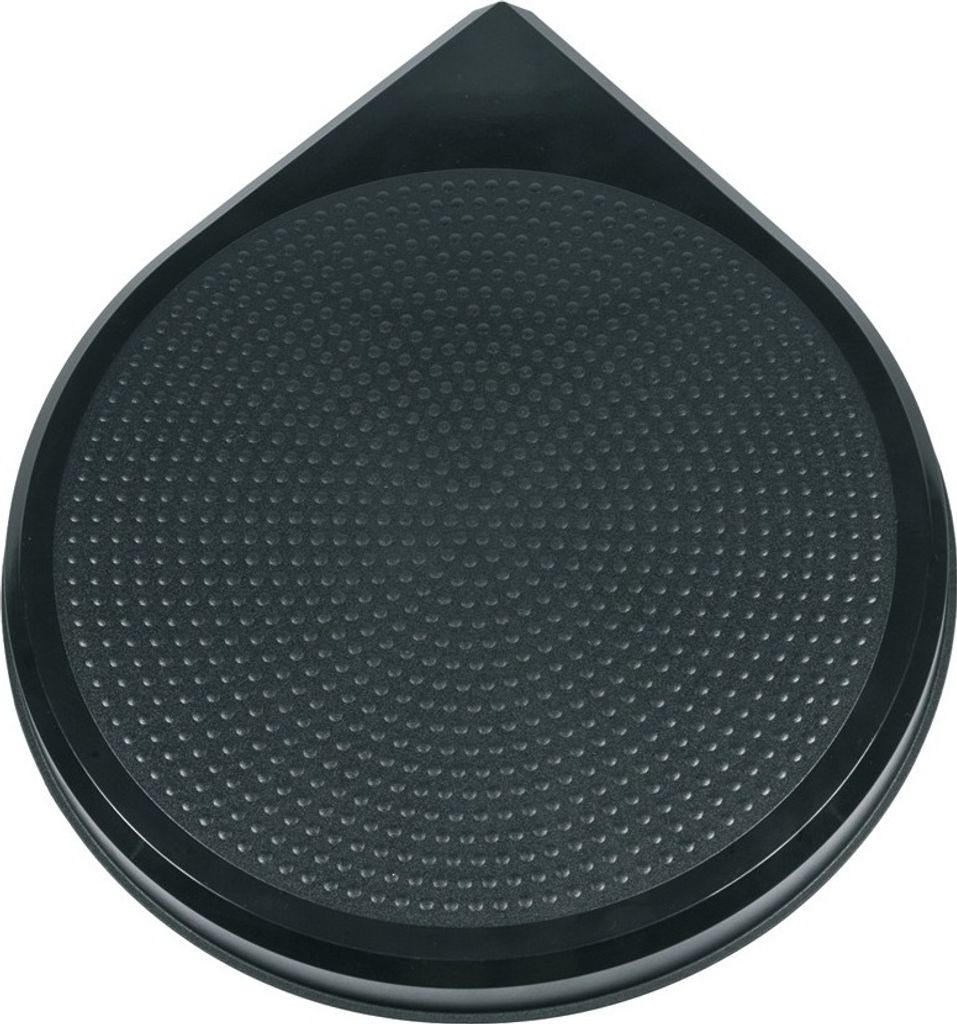 A black, round lid with a pointed handle is shown from a top-down perspective against a white background.