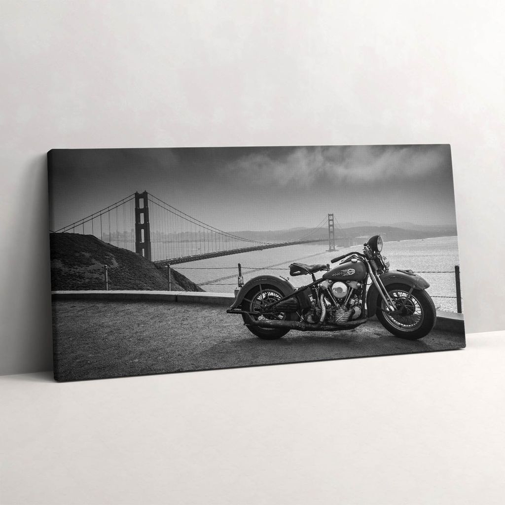 Motorrad und die Golden Gate Bridge – Leinwandbild Wandbild – 120x60 cm – Leinwandbilder – Wandbilder – Schlafzimmer – Flur