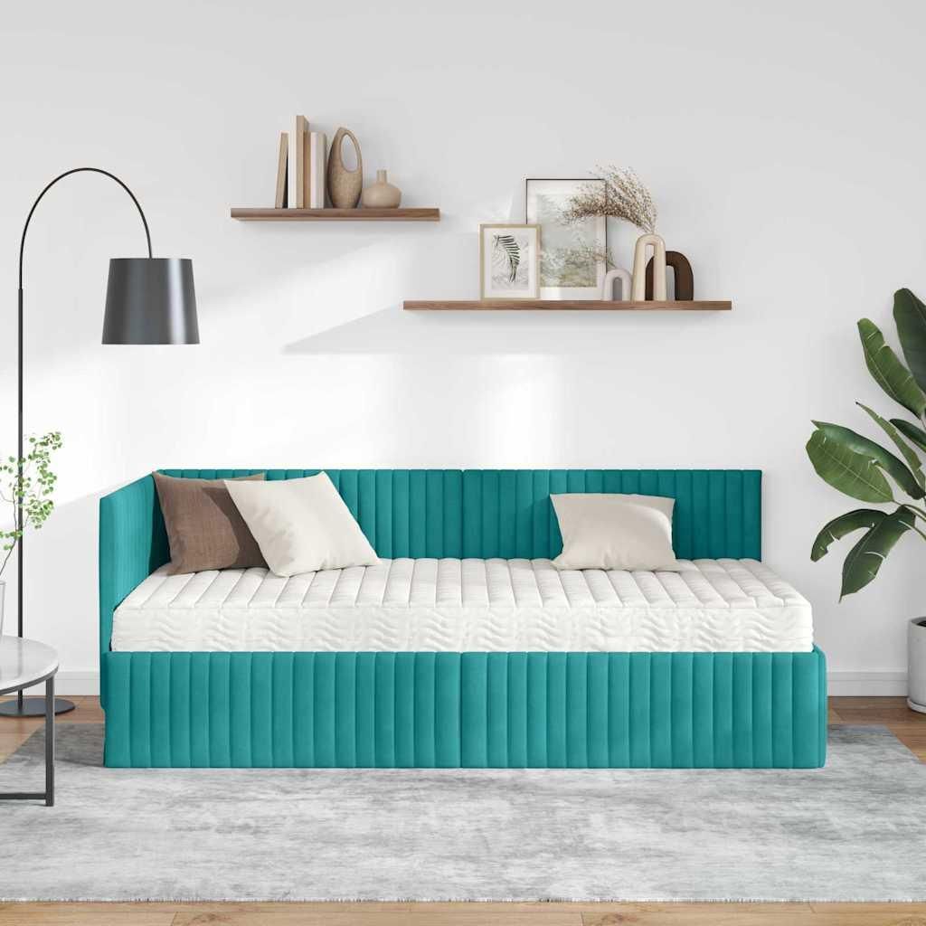 (Design 2026) Eckbettgestell mit Matratze mit Kopfteil 2 pcs - Montage erforderlich - Türkis Samt - HOMMIE 944093 - Klassische BettenJugendbett ...