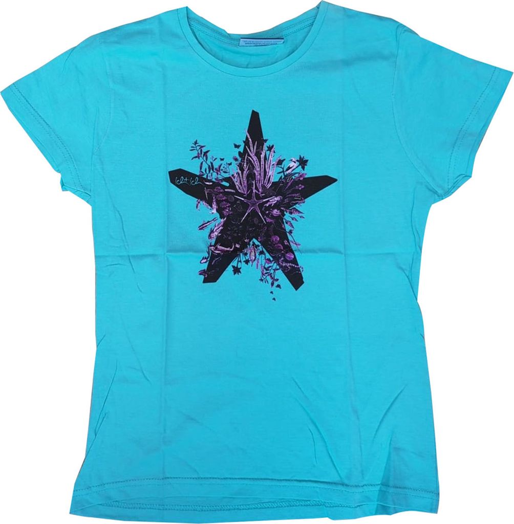 Girlie Shirt "Ich + Ich" Fun T-Shirt Fanshirt Stern Türkis mit lila Ornamenten Musikalbum Motiv vom selben Stern - Größe S, 100% Baumwolle
