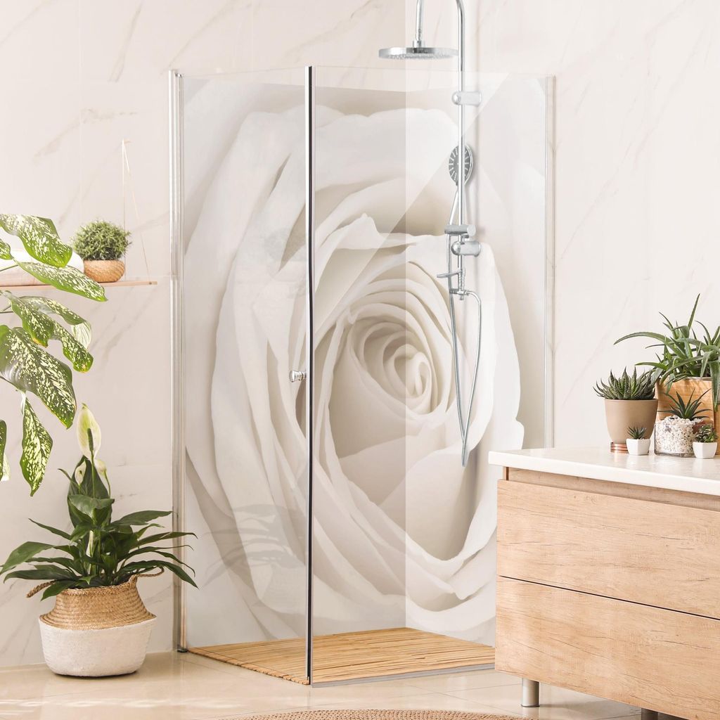 Duschrückwand Blumen selbstklebend - 0.61 mm Wandpaneel wasserfest Rose weiss Landhaus Badrückwand fugenlos Premium matt 90x190 cm