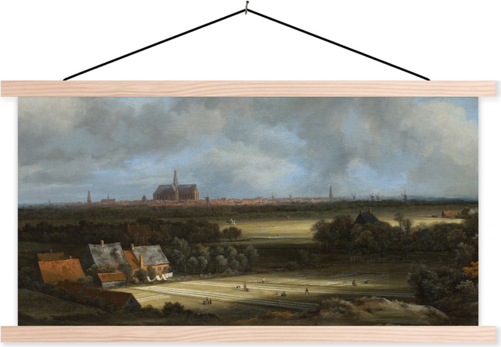 MuchoWow Textilposter Ansicht von Haarlem mit Tribüne - Gemälde von Jacob van Ruisdael 120x60 cm mit holzfarbenen Rahmen - Klemmleiste