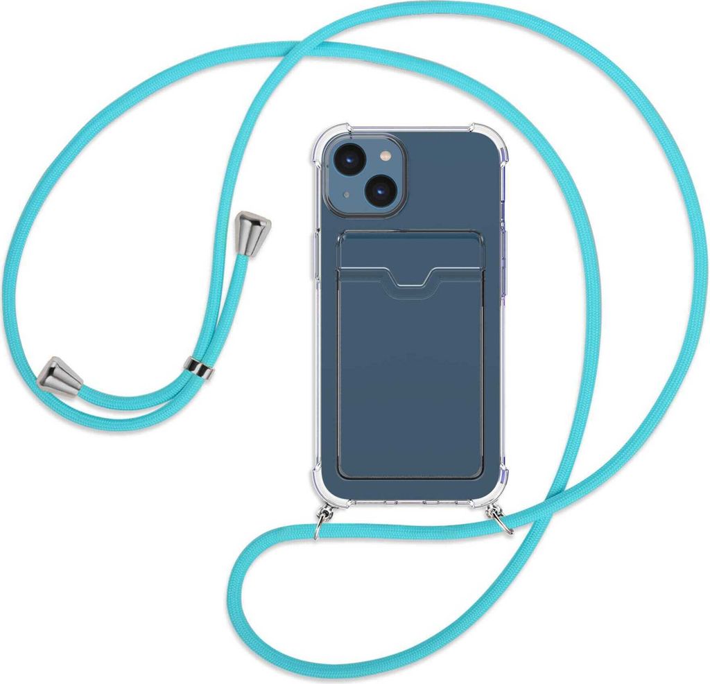 Handykette Backcover-Schutzhülle mit Band (Metall silberfarben) für Apple iPhone 14 (6.1'') - türkis