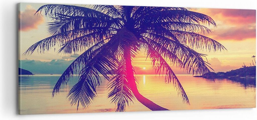 Bild auf Leinwand - Leinwandbild - Meer Strand Palme - 100x40cm - Wand Bild - Wanddeko - Wandbilder - Leinwanddruck - Bilder - Kunstdruck - Wanddek...