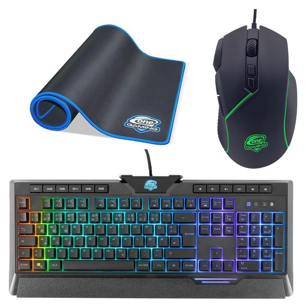 A gaming keyboard, mouse, and mousepad are displayed on a white background.