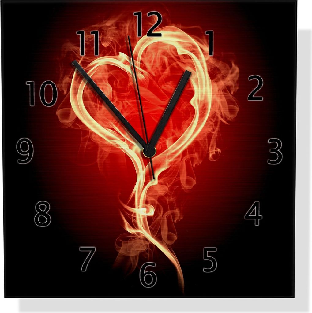 Wallario Design Wanduhr Brennendes Herz aus Aluverbund, Größe 30 x 30 cm