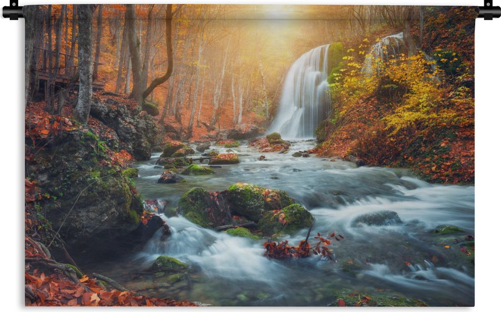 MuchoWow Wandteppich Wandbehang Wasserfall - Sonne - Herbst 150x100 cm Tapisserie Dekoration Wandtuch - Waschbar - Tapisserien - Wand-Decke