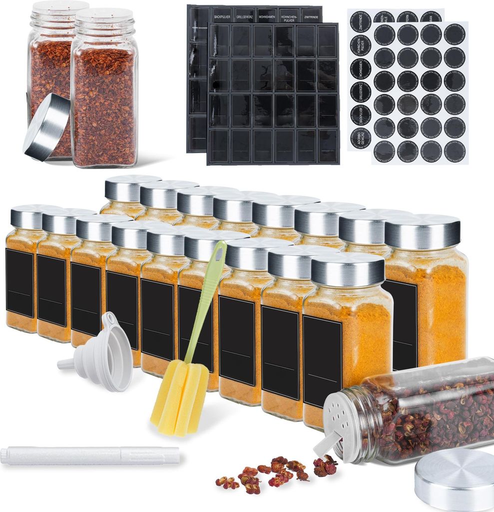 TRMLBE Gewürzgläser Eckig 12 Stück 120ml Glas Gewürzdosen mit Streueinsatz, Wasserdicht Etiketten, Trichter, Reinigungsbürste Gewürzbehälter...