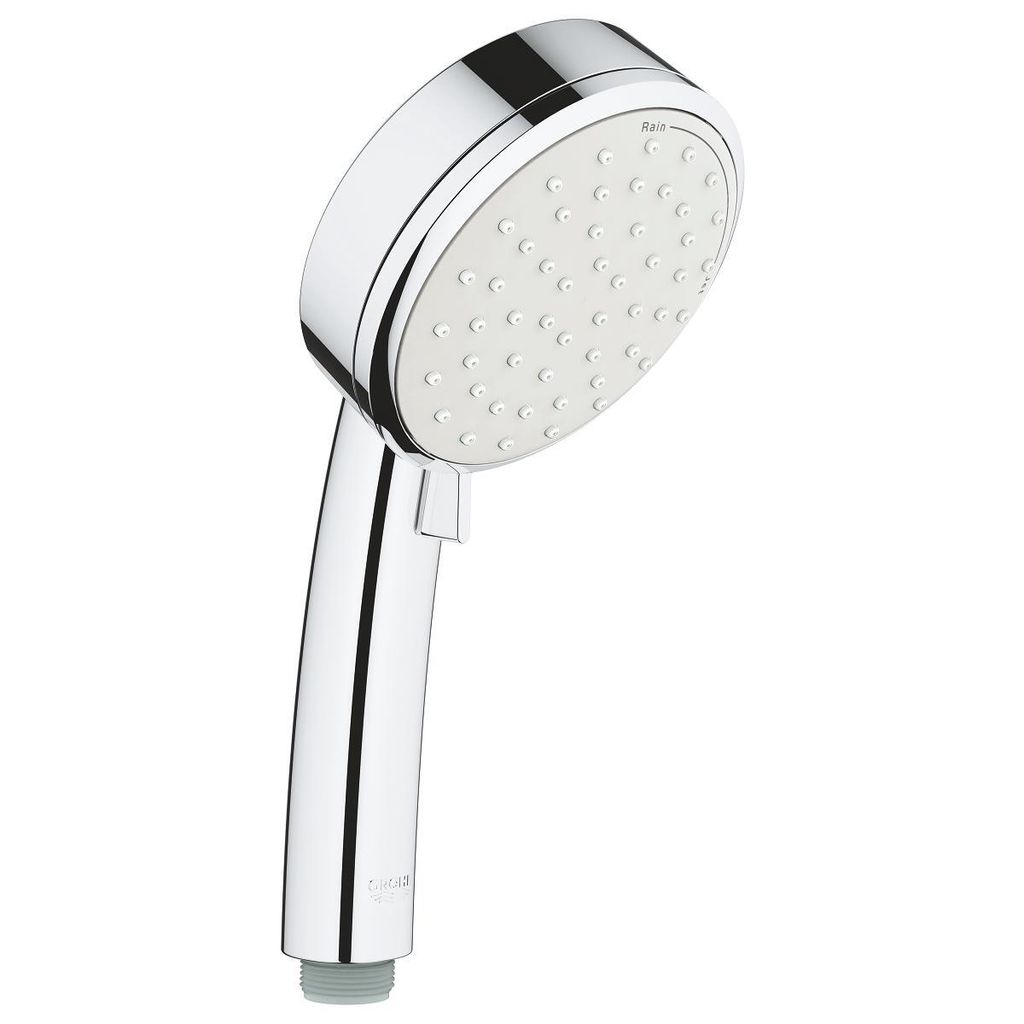 A chrome and white hand shower head is shown against a white background.