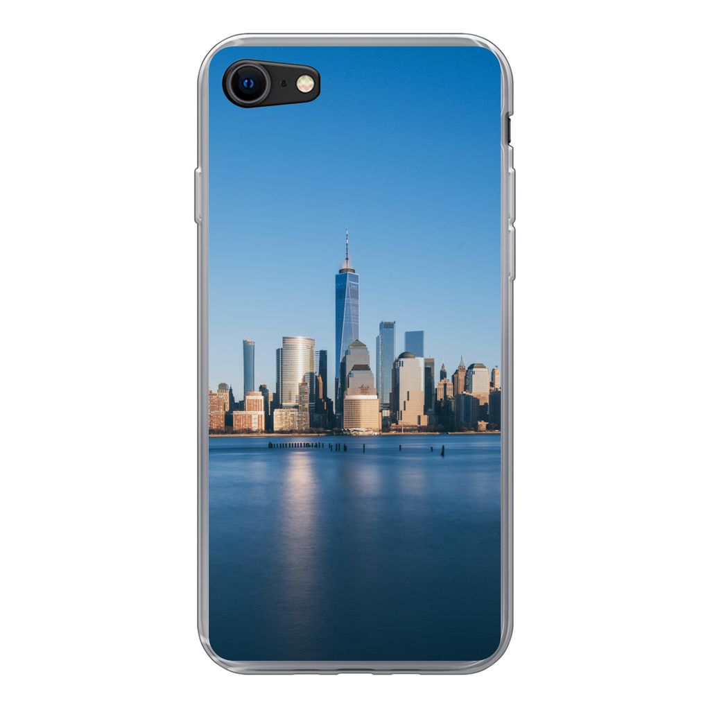 MuchoWow Handyhülle Schutzhülle Hülle für iPhone 7 New York - Skyline - Blau Silikon Softcase Handy Hülle - Kartenhalter