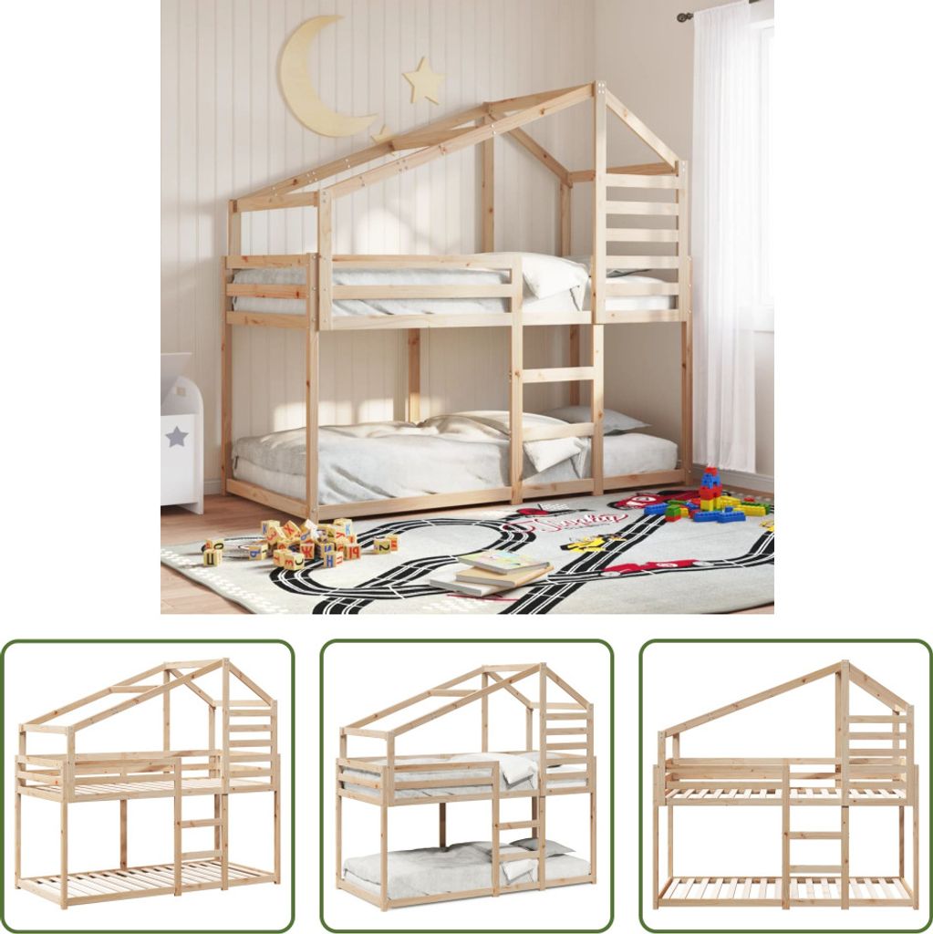 The Living Store Etagenbett mit Dach 90x200 cm Massivholz Kiefer